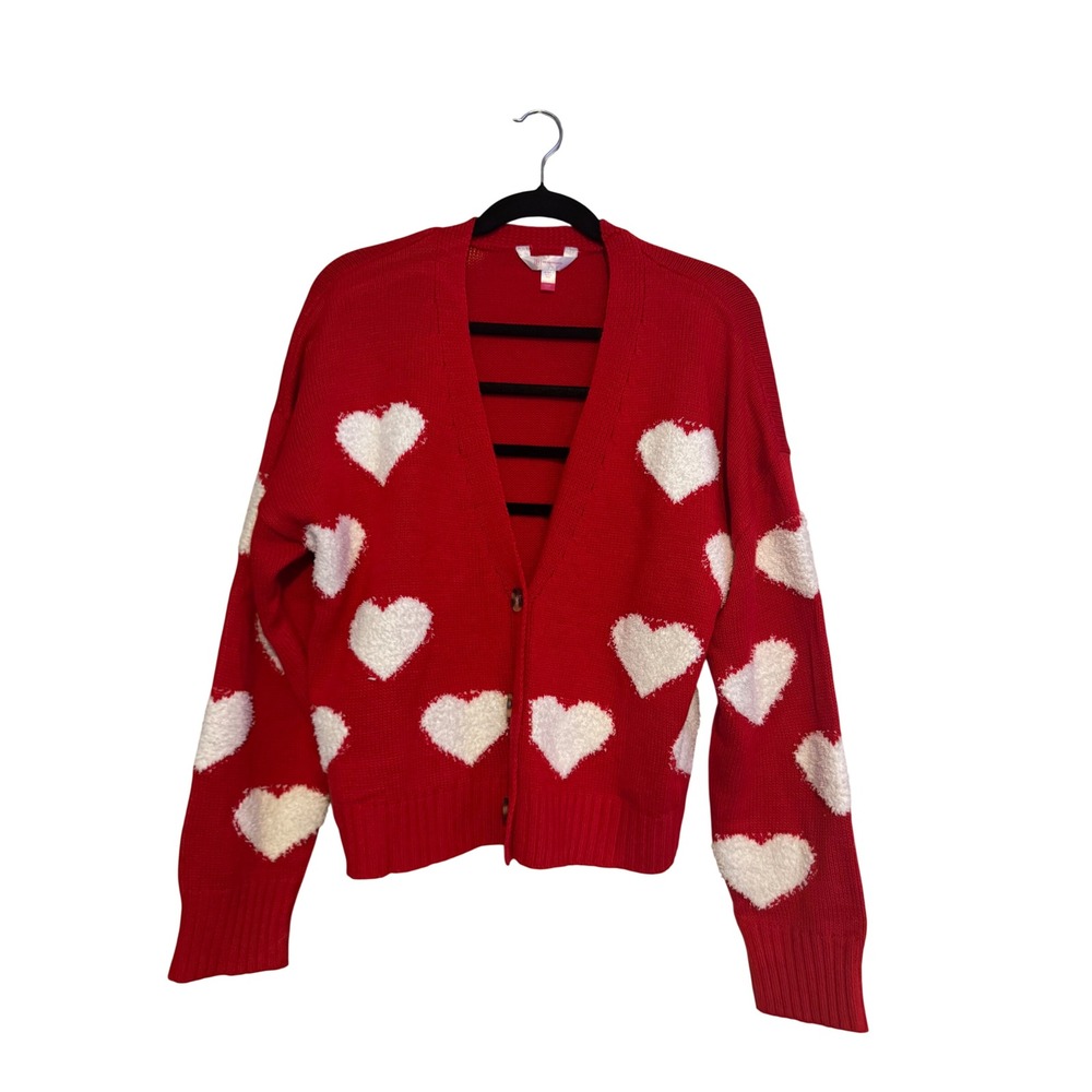 No Boundaries Red Heart Print V-Neck Button Front Cardigan Sweater XXXL 21